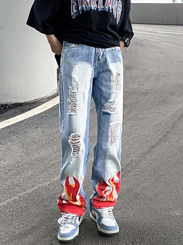 EMMIOL Zerrissene Jeans mit gebleichtem Flammenmuster