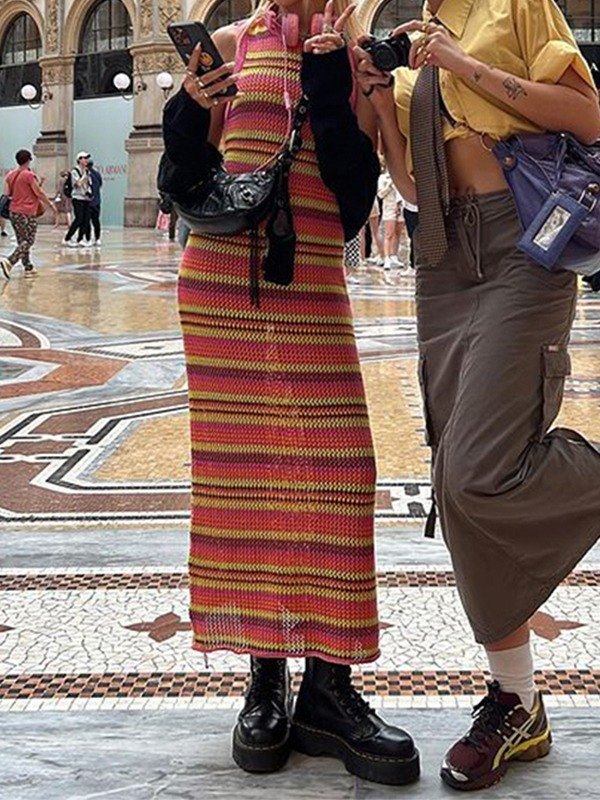 EMMIOL Vestido largo de croché sin mangas a rayas con bloques de color