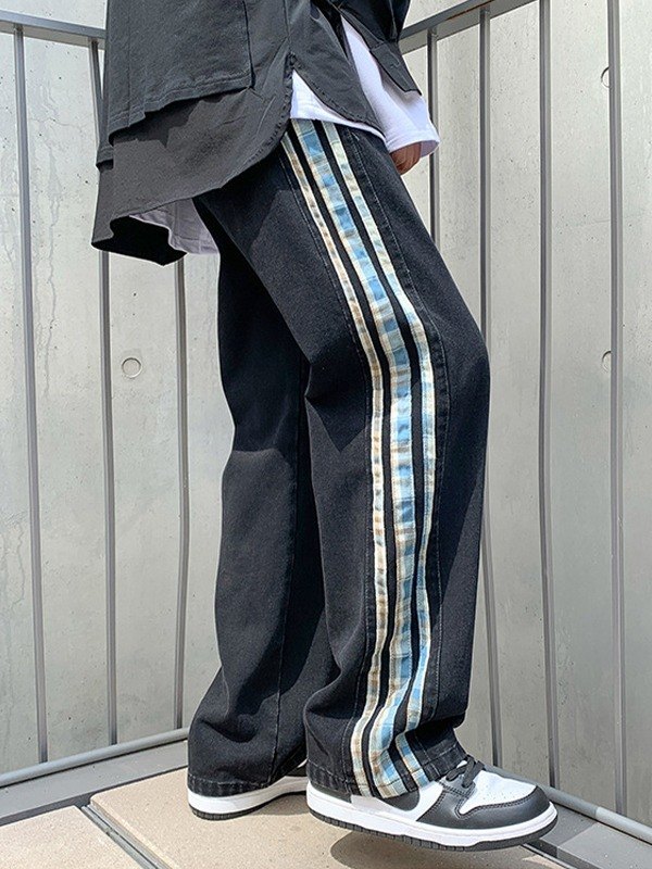 EMMIOL Jeans de corte holgado a rayas con paneles para hombre