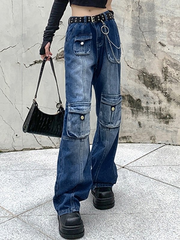 EMMIOL Jeans estilo cargo con pierna acampanada y lavado desteñido