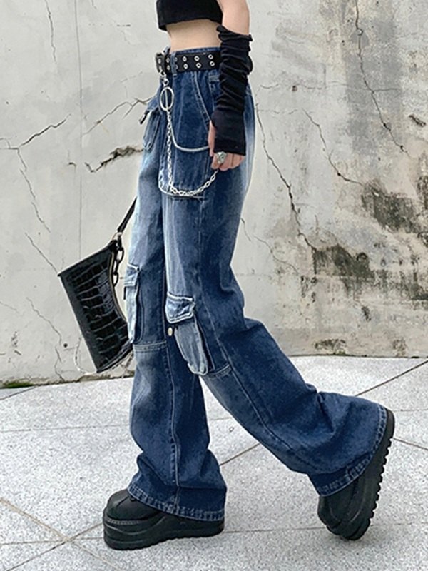 EMMIOL Jeans estilo cargo con pierna acampanada y lavado desteñido