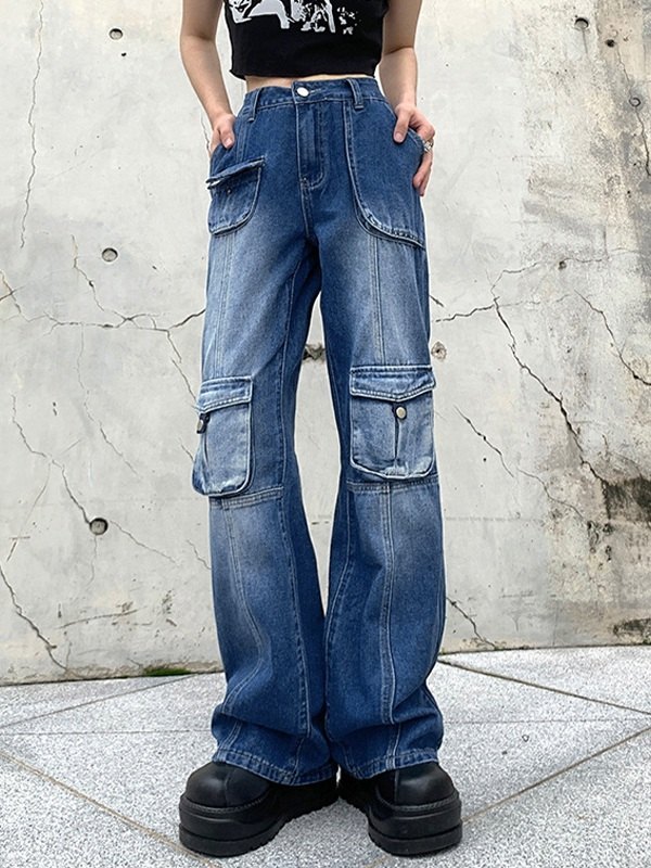 EMMIOL Jeans estilo cargo con pierna acampanada y lavado desteñido