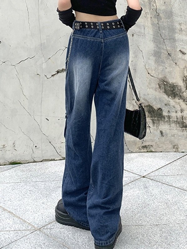 EMMIOL Jeans estilo cargo con pierna acampanada y lavado desteñido