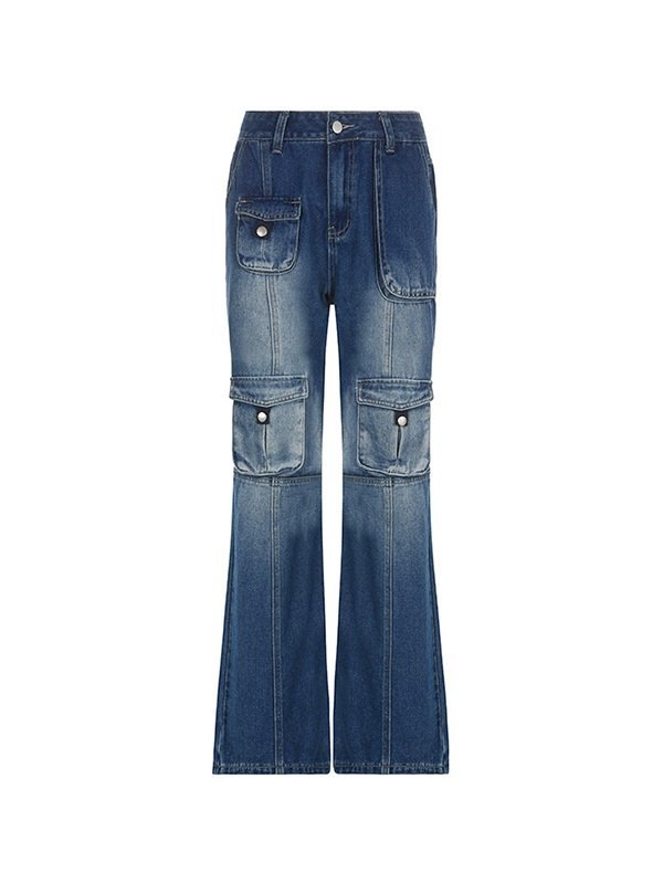 EMMIOL Jeans estilo cargo con pierna acampanada y lavado desteñido