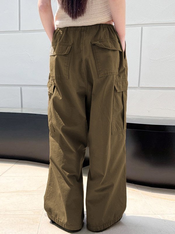 Emmiol Free shipping 2023 Drawstring Waist Baggy Cargo Pants Brown M in