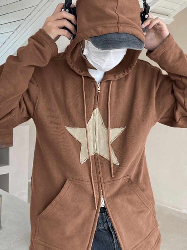 EMMIOL Vintage Star Patch Baggy Zip Up Hoodie