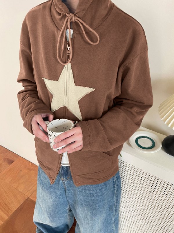 EMMIOL Vintage Star Patch Baggy Zip Up Hoodie