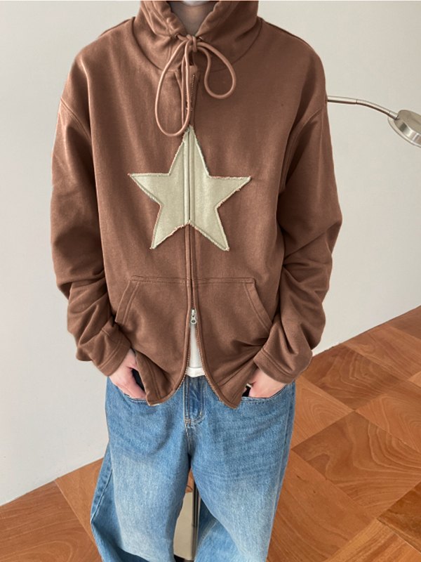 EMMIOL Vintage Star Patch Baggy Zip Up Hoodie
