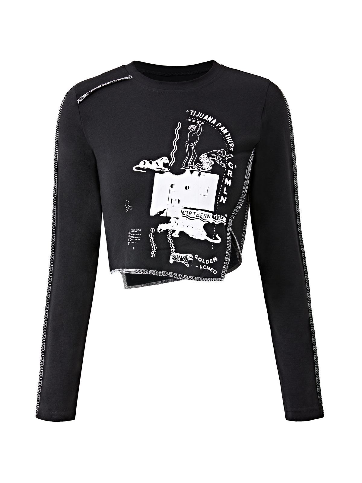 EMMIOL Vintage Asymmetric Long Sleeve Crop Top