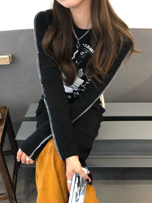 EMMIOL Vintage Asymmetric Long Sleeve Crop Top