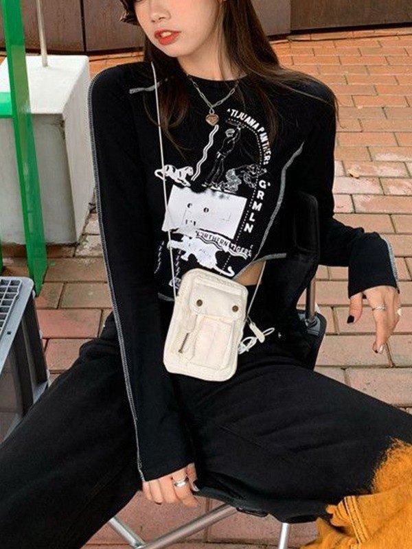 EMMIOL Vintage Asymmetric Long Sleeve Crop Top