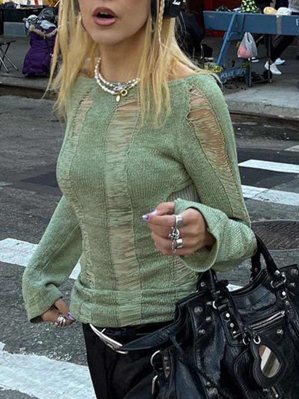 Emmiol Free shipping 2023 Distressed Backless Long Sleeve Knit Top Green M  in Knits online store. | EMMIOL