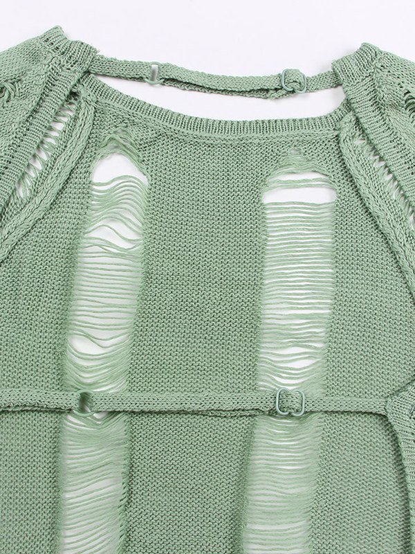 Emmiol Free shipping 2023 Distressed Backless Long Sleeve Knit Top Green S  in Knits online store. | EMMIOL