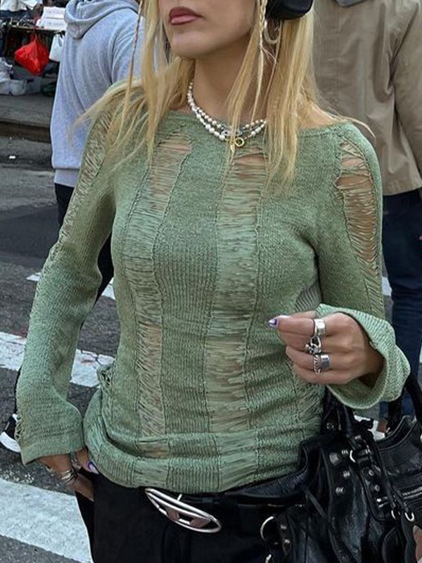 Emmiol Free shipping 2023 Distressed Backless Long Sleeve Knit Top Green S  in Knits online store. | EMMIOL