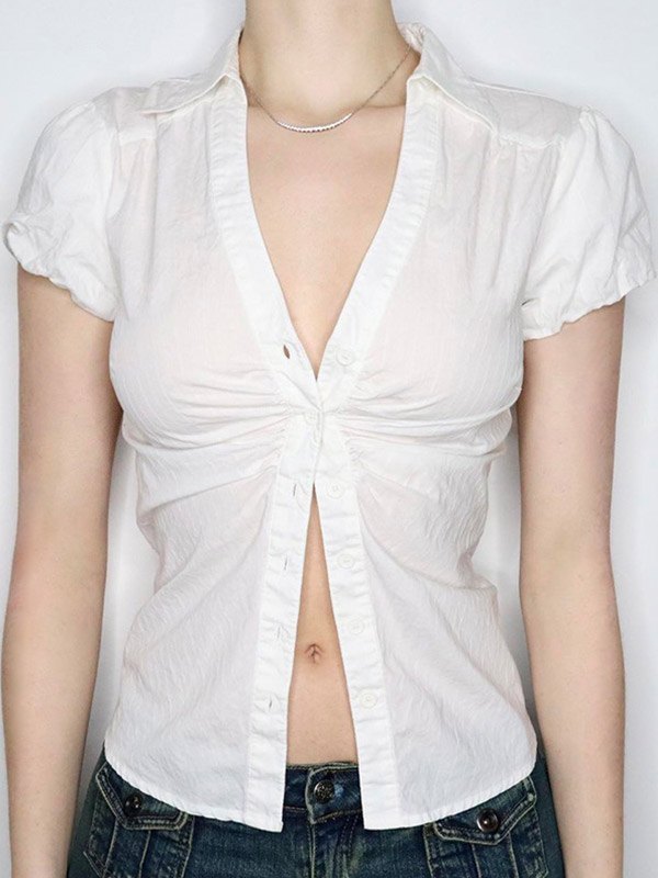 EMMIOL Ruched Button Down Short Sleeve Blouse