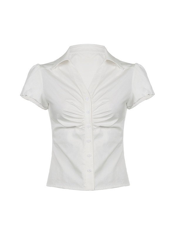 EMMIOL Ruched Button Down Short Sleeve Blouse