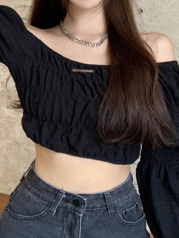 EMMIOL Blusa de manga larga fruncida con hombros descubiertos