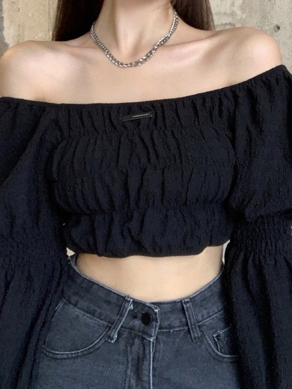EMMIOL Blusa de manga larga fruncida con hombros descubiertos