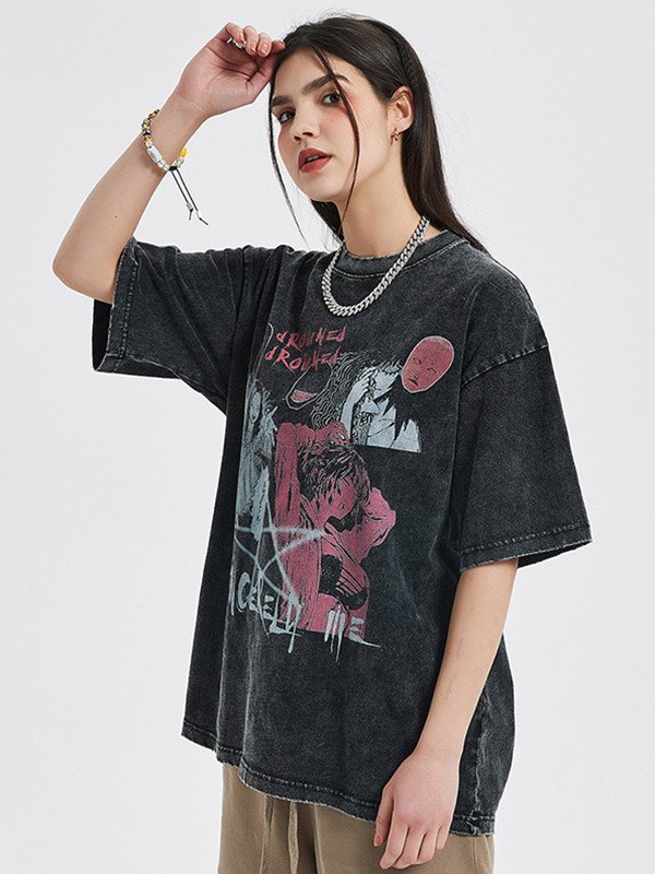 EMMIOL Unisex Acid Wash Anime Grafik T-Shirt