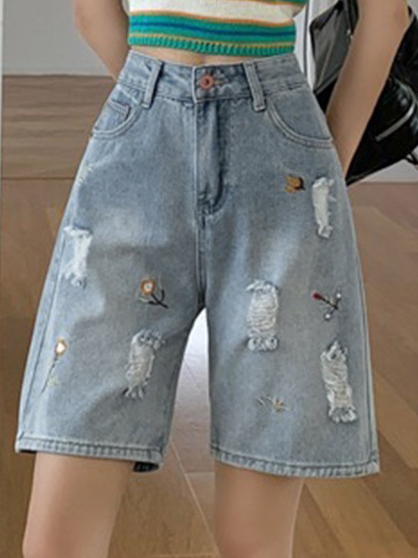 EMMIOL Floral Embroidery Distressed Denim Shorts