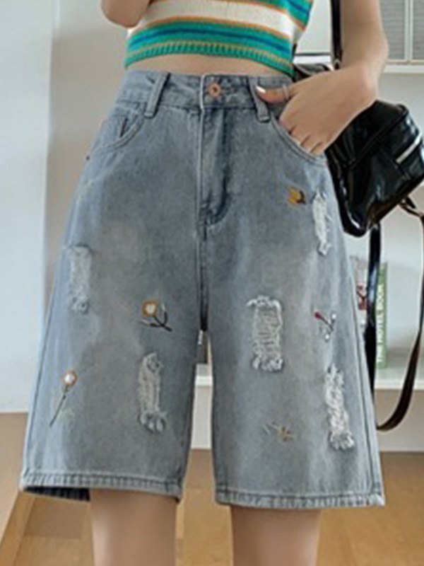 EMMIOL Floral Embroidery Distressed Denim Shorts