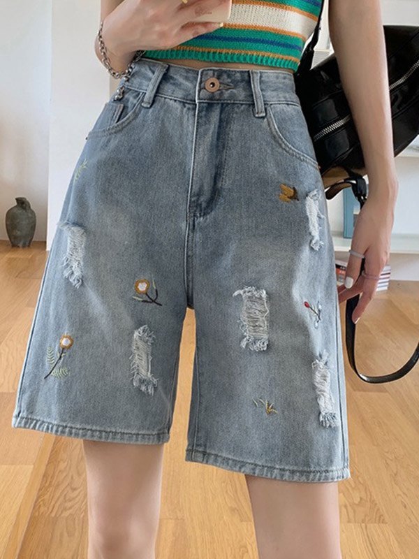 EMMIOL Floral Embroidery Distressed Denim Shorts