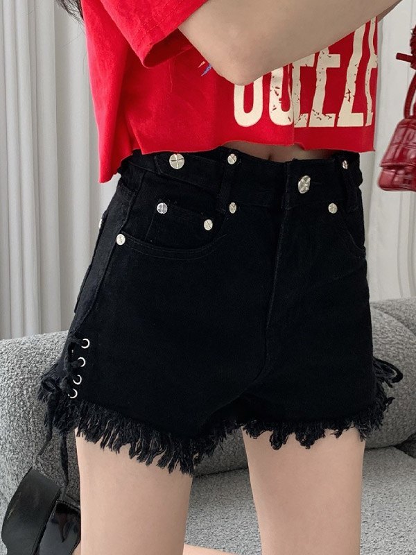 EMMIOL Pantaloncini di jeans strappati con toppa incrociata con lacci