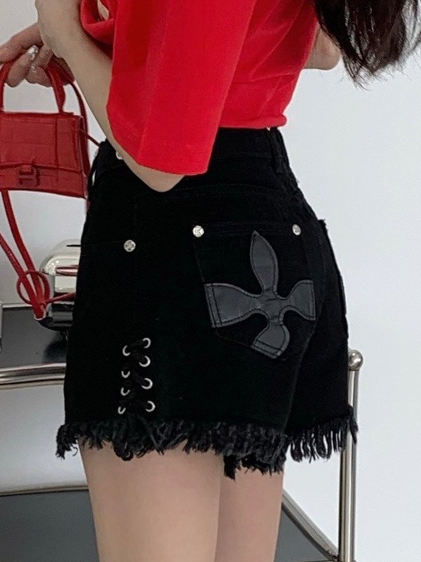 EMMIOL Pantaloncini di jeans strappati con toppa incrociata con lacci