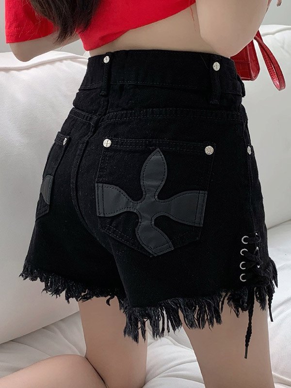 EMMIOL Pantaloncini di jeans strappati con toppa incrociata con lacci