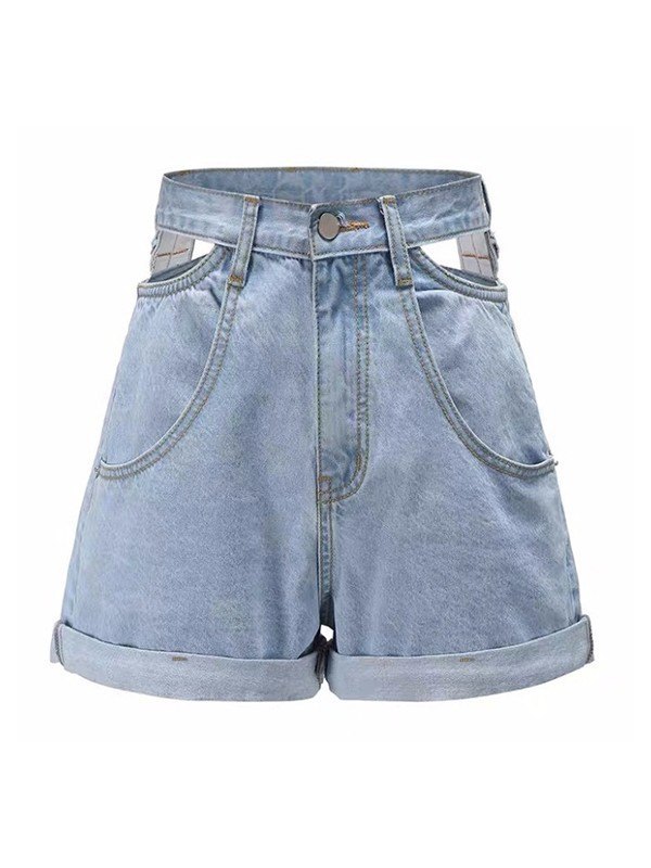 Emmiol Free shipping 2023 Cuffed Hem Cut Out Denim Shorts Blue L in