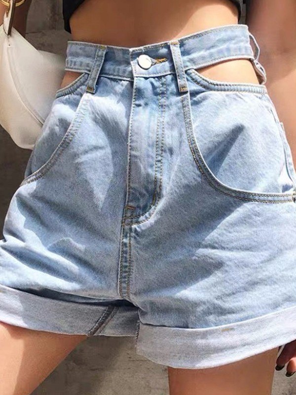 Emmiol Free shipping 2023 Cuffed Hem Cut Out Denim Shorts Blue L in