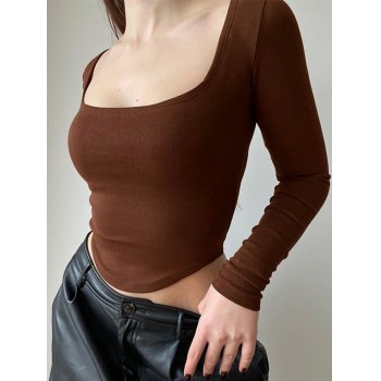 Emmiol Free shipping 2026 Asymmetric Long Sleeve Crop Top Brown S in