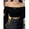 EMMIOL Blusa de manga larga fruncida con hombros descubiertos
