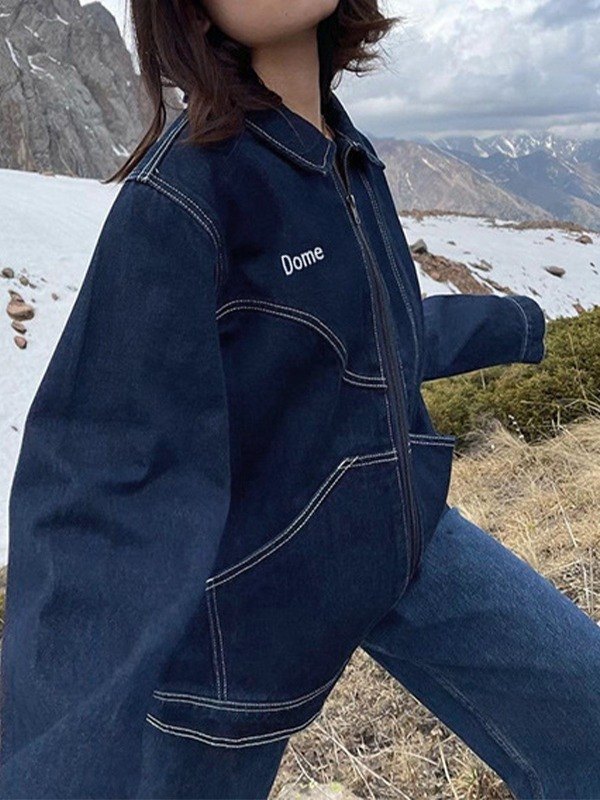 EMMIOL Giacca di jeans con zip ricamata con logo