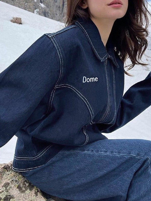 EMMIOL Giacca di jeans con zip ricamata con logo