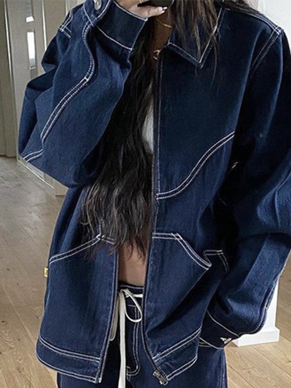 EMMIOL Giacca di jeans con zip ricamata con logo