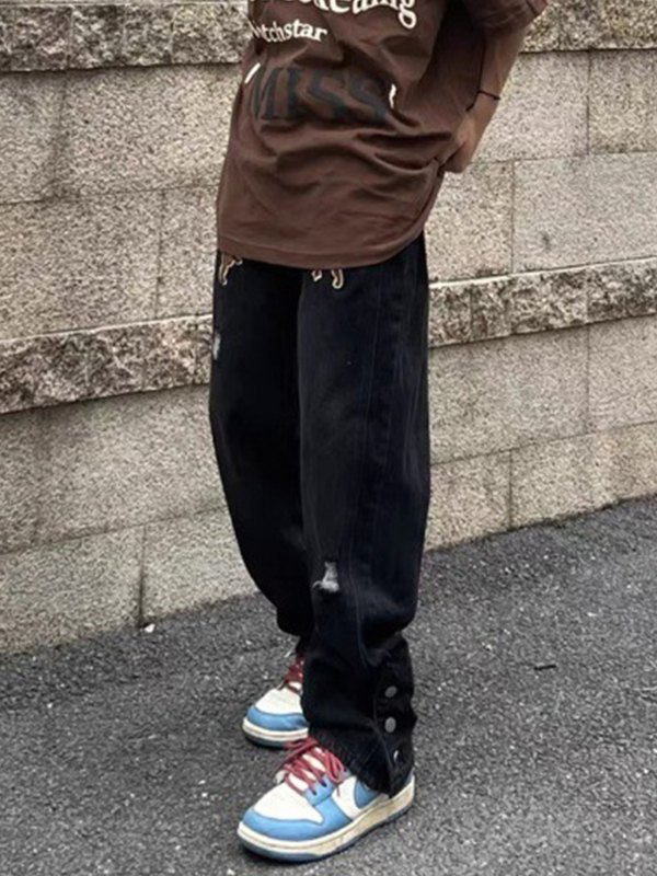 EMMIOL Jeans sueltos desgastados con bordado de letras para hombre