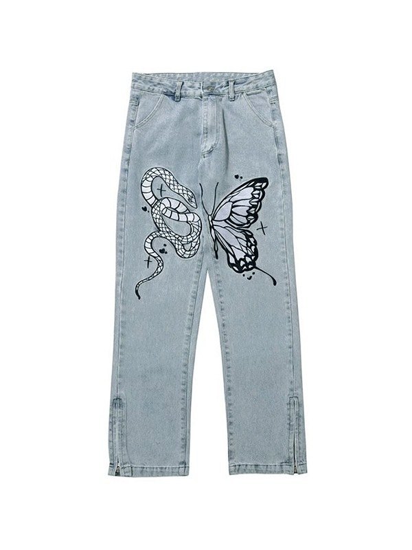 EMMIOL Jeans ajustados rectos con diseño de mariposa y serpiente para hombre