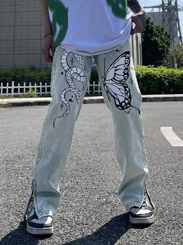 EMMIOL Jeans ajustados rectos con diseño de mariposa y serpiente para hombre