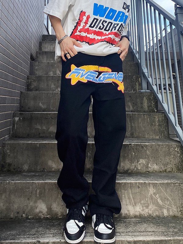 Emmiol Free shipping 2023 Men's Toweling Embroidered Loose Jeans Black