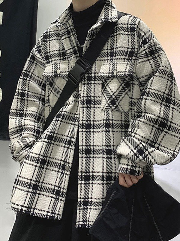 EMMIOL Men's Tweed Checkered Long Sleeve Shirt Jacket