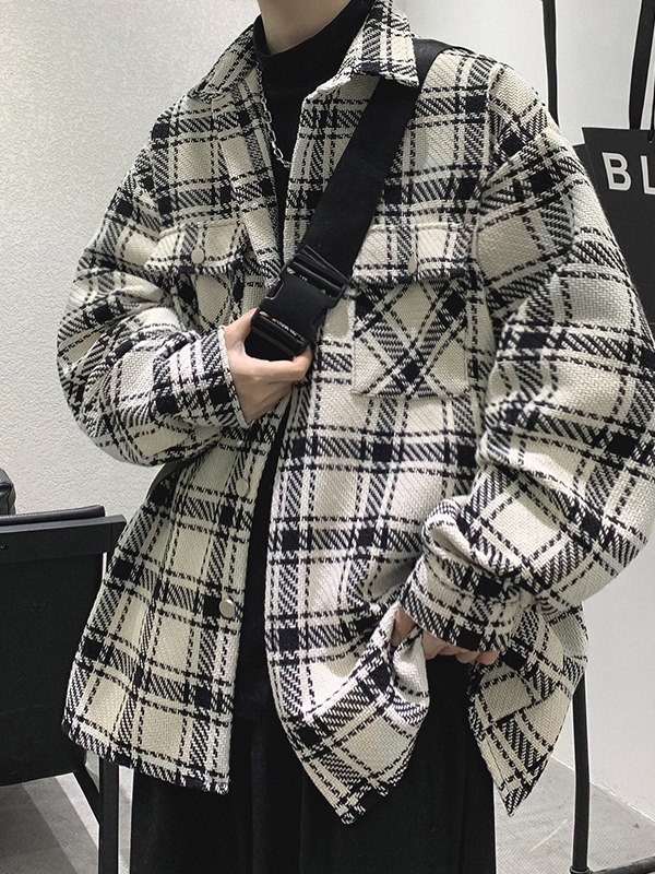 EMMIOL Men's Tweed Checkered Long Sleeve Shirt Jacket