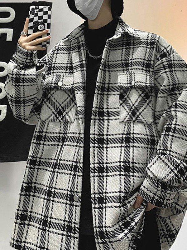 EMMIOL Men's Tweed Checkered Long Sleeve Shirt Jacket