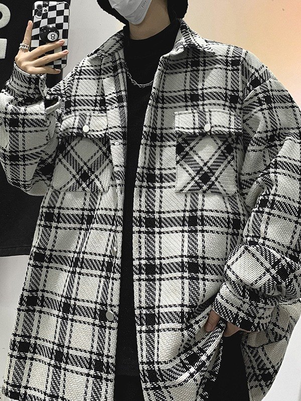 EMMIOL Men's Tweed Checkered Long Sleeve Shirt Jacket