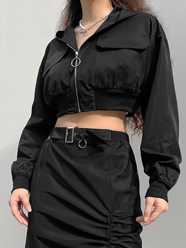 EMMIOL Hooded Zip Up Cropped Cargo Jacket