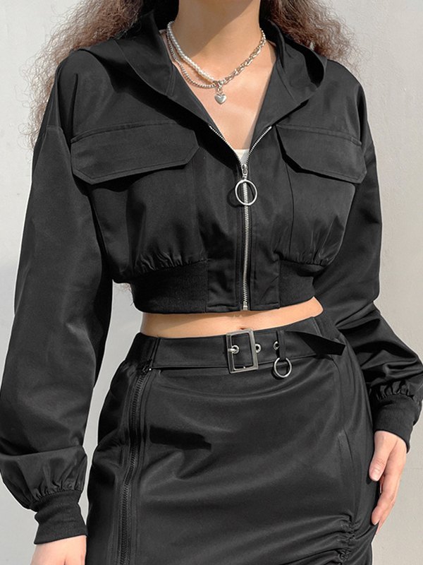 EMMIOL Hooded Zip Up Cropped Cargo Jacket