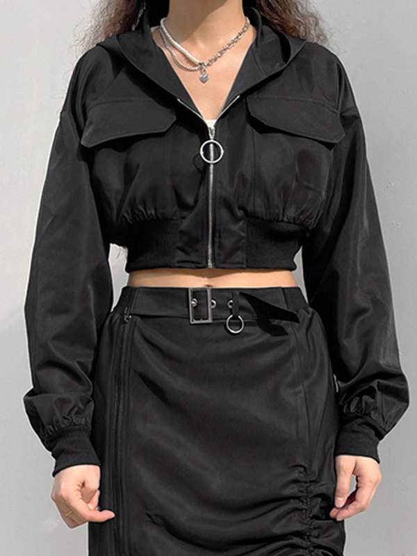EMMIOL Hooded Zip Up Cropped Cargo Jacket