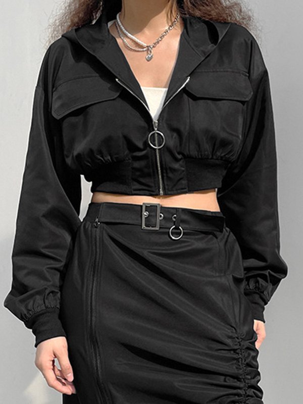 EMMIOL Hooded Zip Up Cropped Cargo Jacket