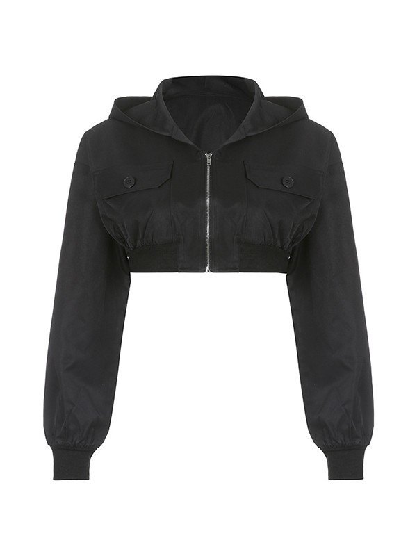 EMMIOL Hooded Zip Up Cropped Cargo Jacket