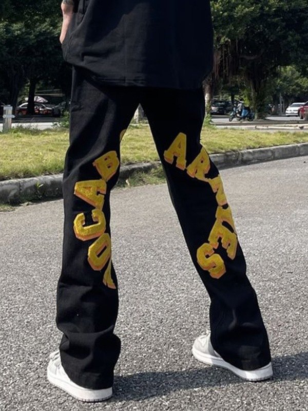 Emmiol Free shipping 2024 Men's Toweling Embroidered Flare Jeans Black